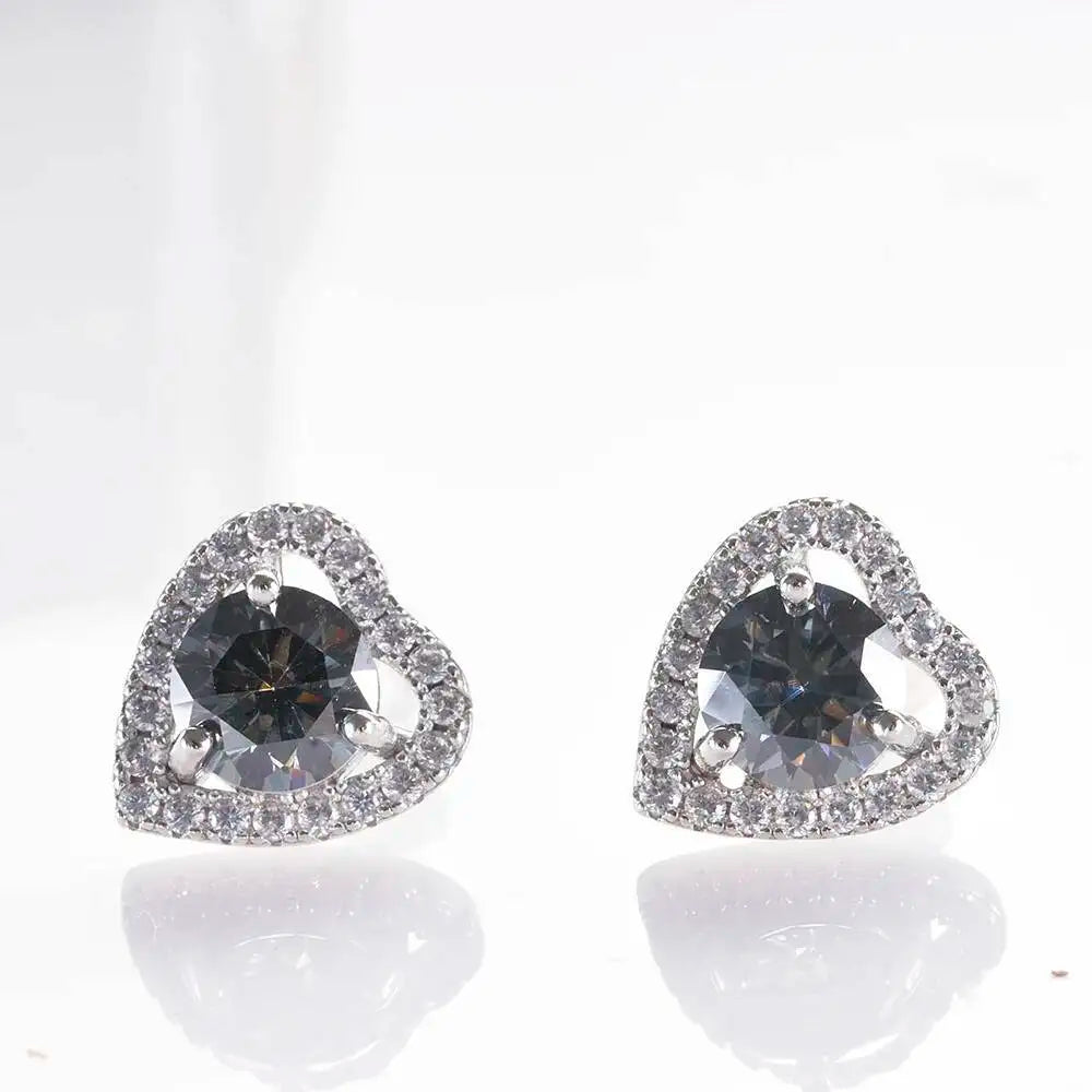Moissanite Heart Halo Stud Earrings in Sterling Silver