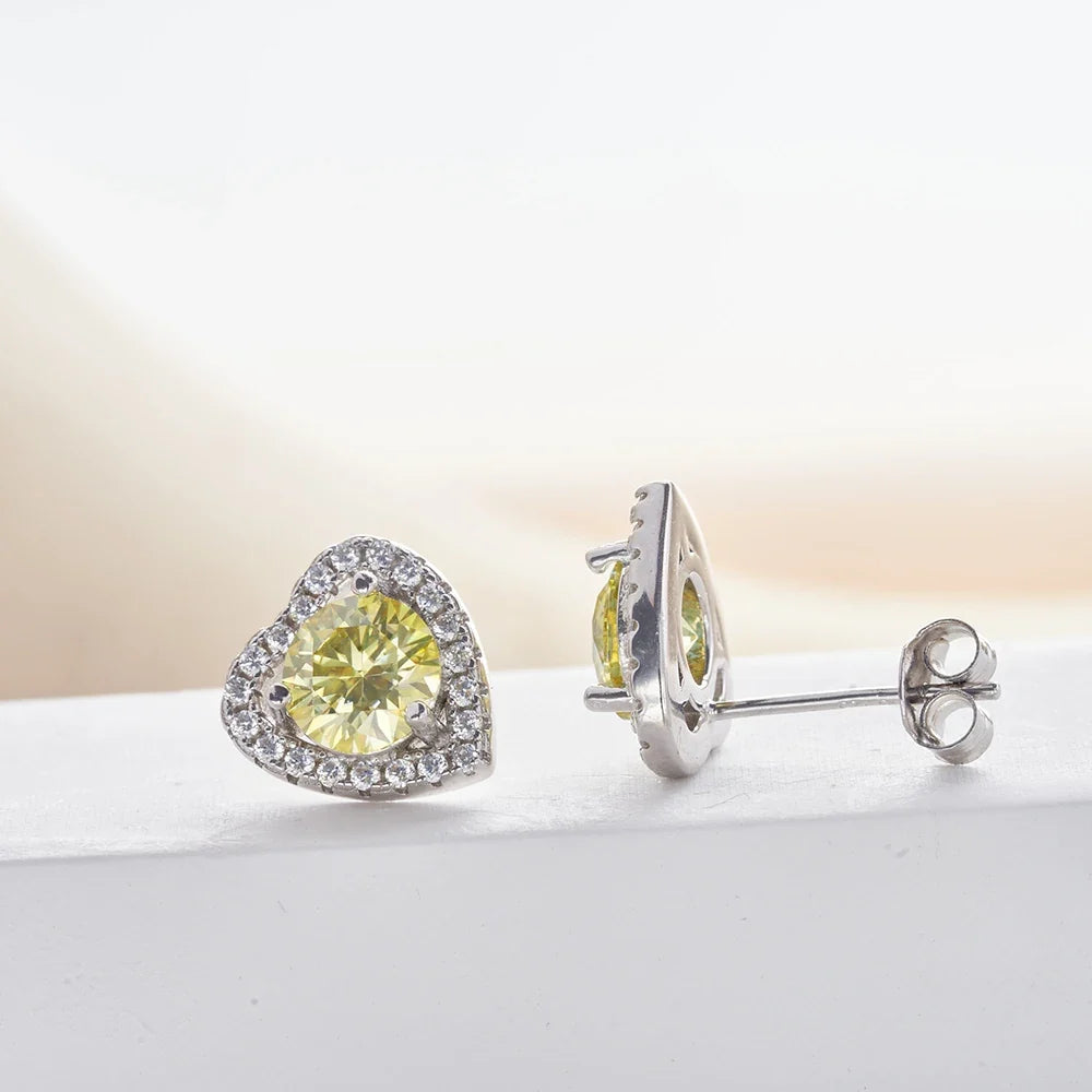 Moissanite Heart Halo Stud Earrings in Sterling Silver