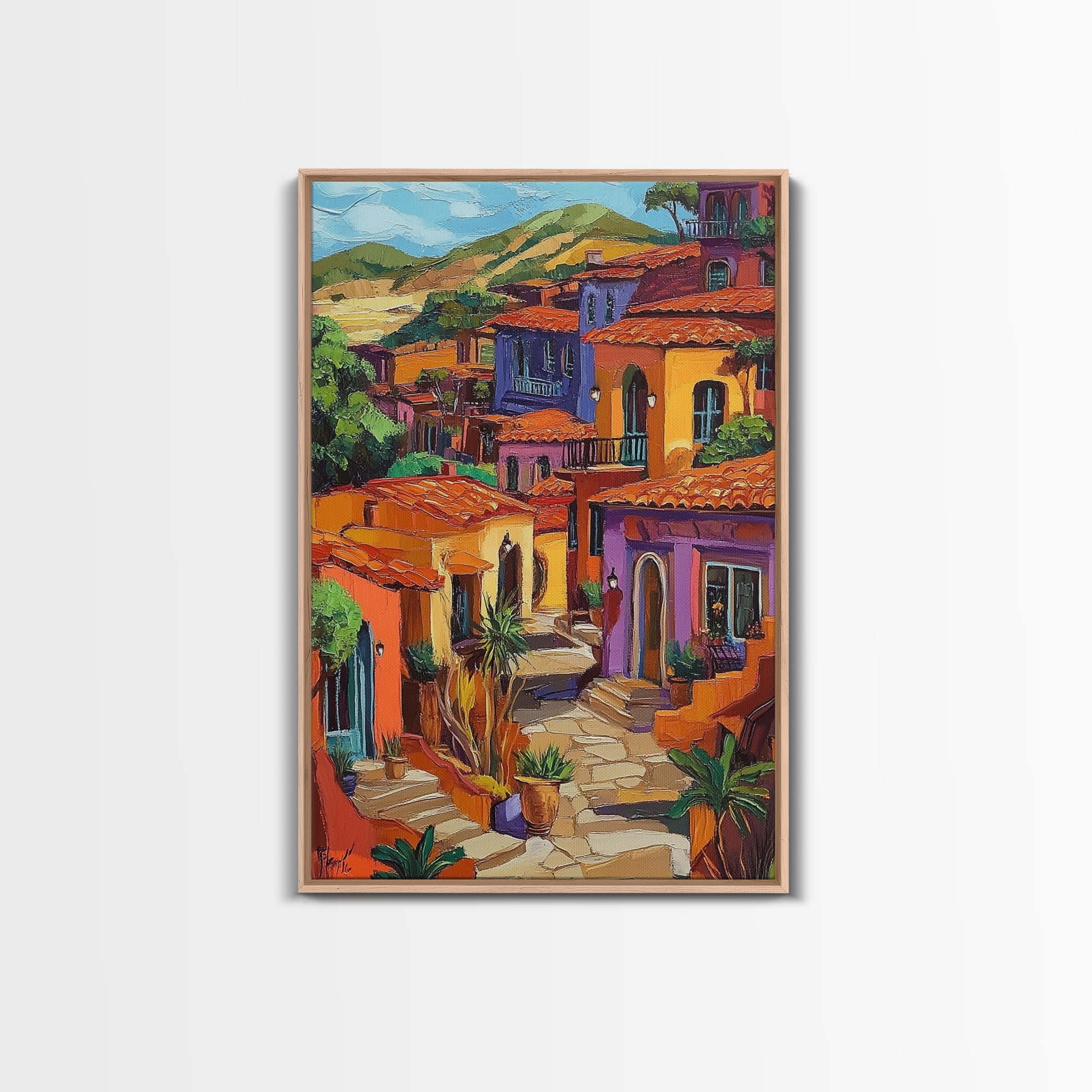 Village Warm Colorful, Spanish, Framed Canvas Print colorful village scene, rustic Mediterranean decor, patio wall art, boho sunset print