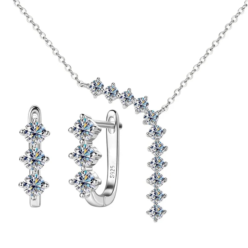 Moissanite Y Necklace & Three-Stone Hoop Earrings in Silver