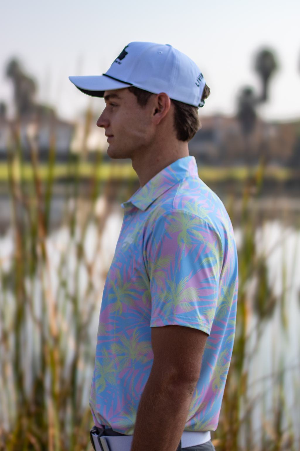 BooYaa Premium Men's Golf Polo, Lulu Tropical Palm Print, 4-Way Stretch, Moisture-Wicking