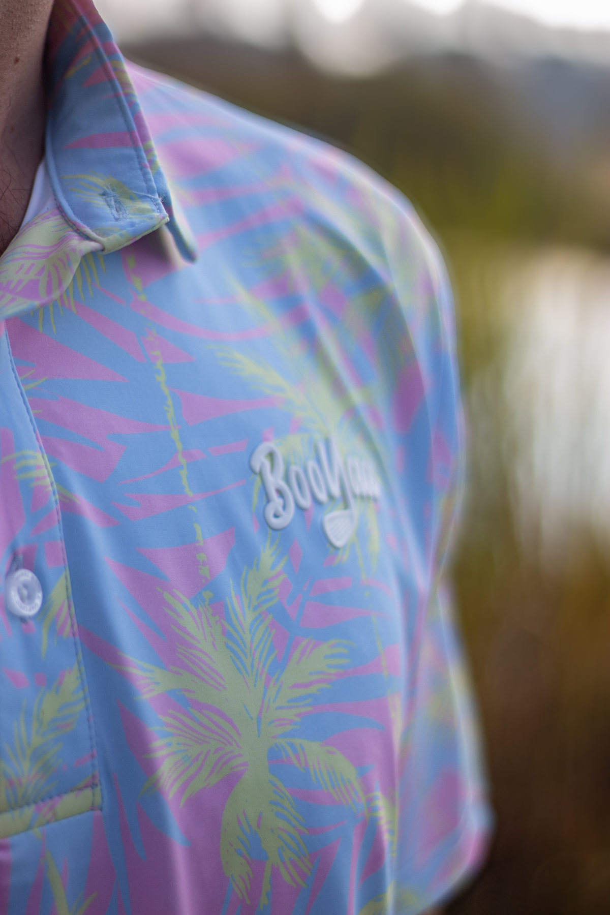 BooYaa Premium Men's Golf Polo, Lulu Tropical Palm Print, 4-Way Stretch, Moisture-Wicking