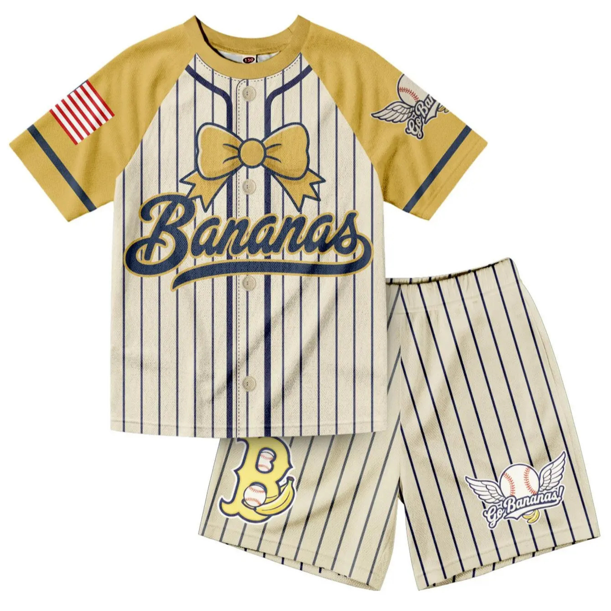 Retro Banana Dabbing American Flag Jersey Outfit – Toddler Quick-Dry Mesh Set, Patriotic 4th of July Kids Uniform