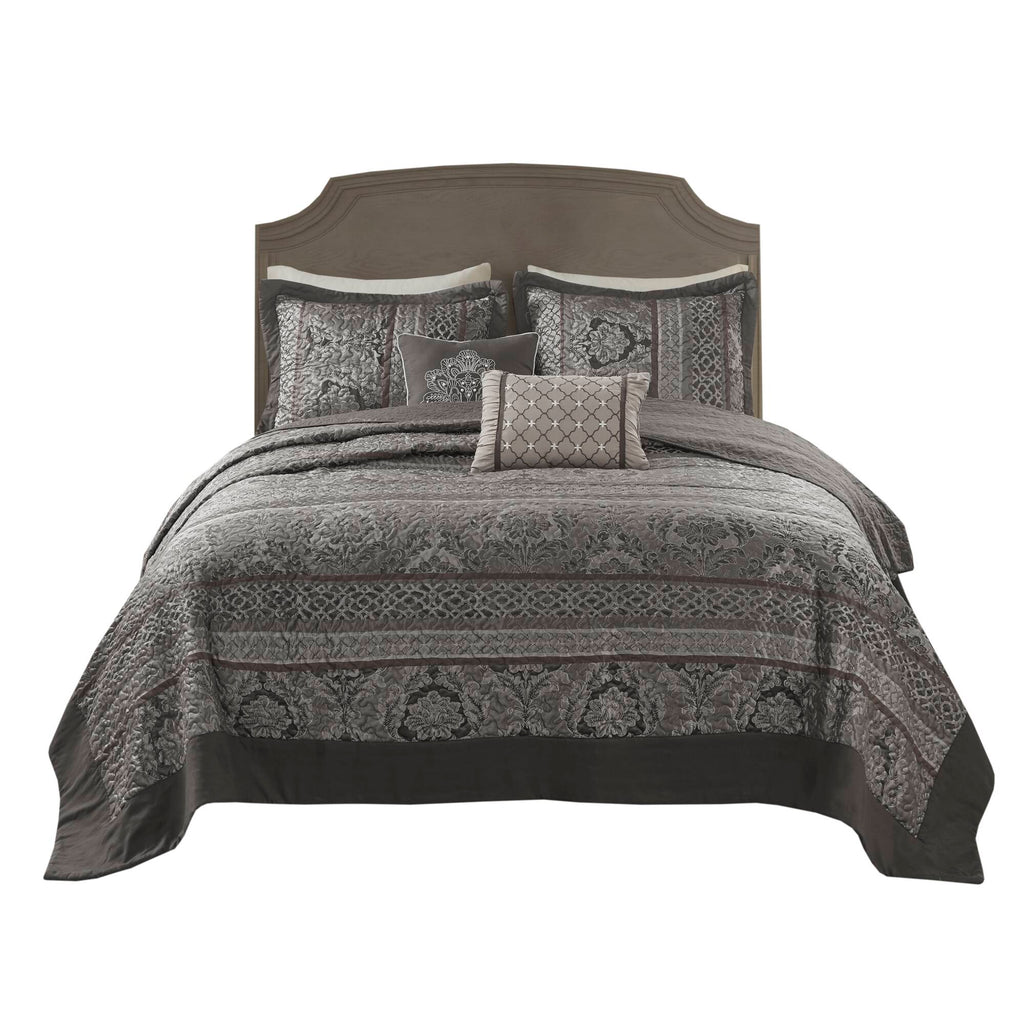 Reversible Jacquard Queen Bedspread Set with Decorative Pillows - Neutral