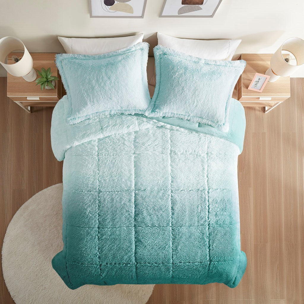 Full/Queen Ombre Shaggy Long Fur Comforter Mini Set