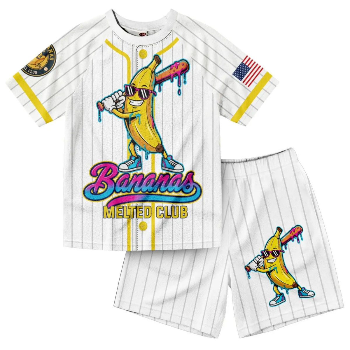 Retro Banana Dabbing American Flag Jersey Outfit – Toddler Quick-Dry Mesh Set, Patriotic 4th of July Kids Uniform