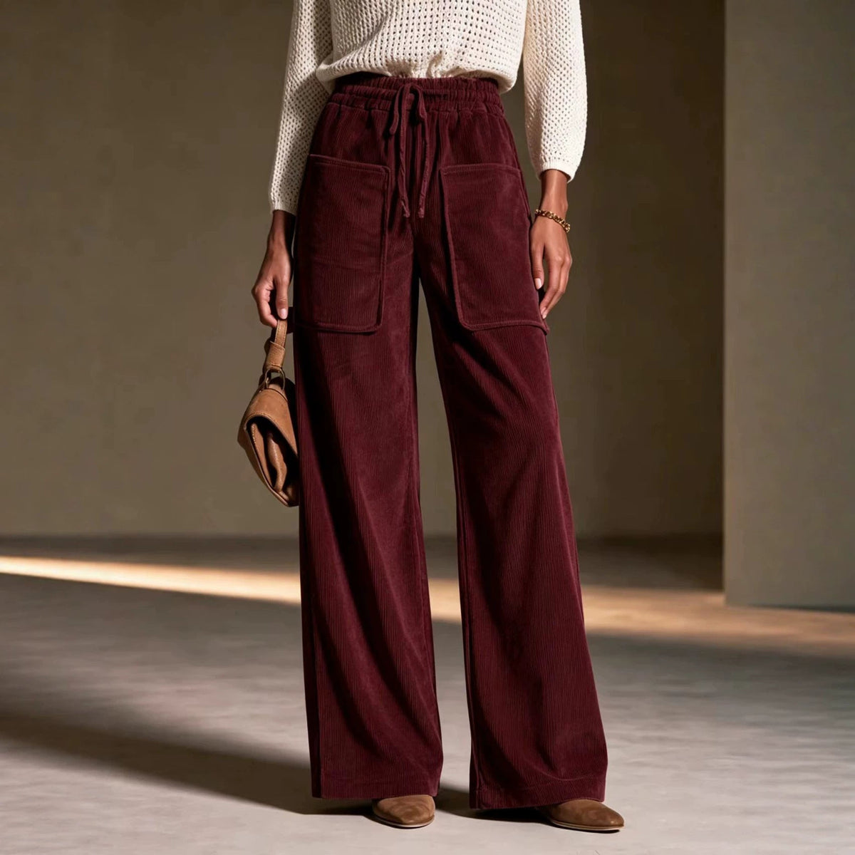 Women's High-waisted Drawstring Corduroy Wide-leg Pants