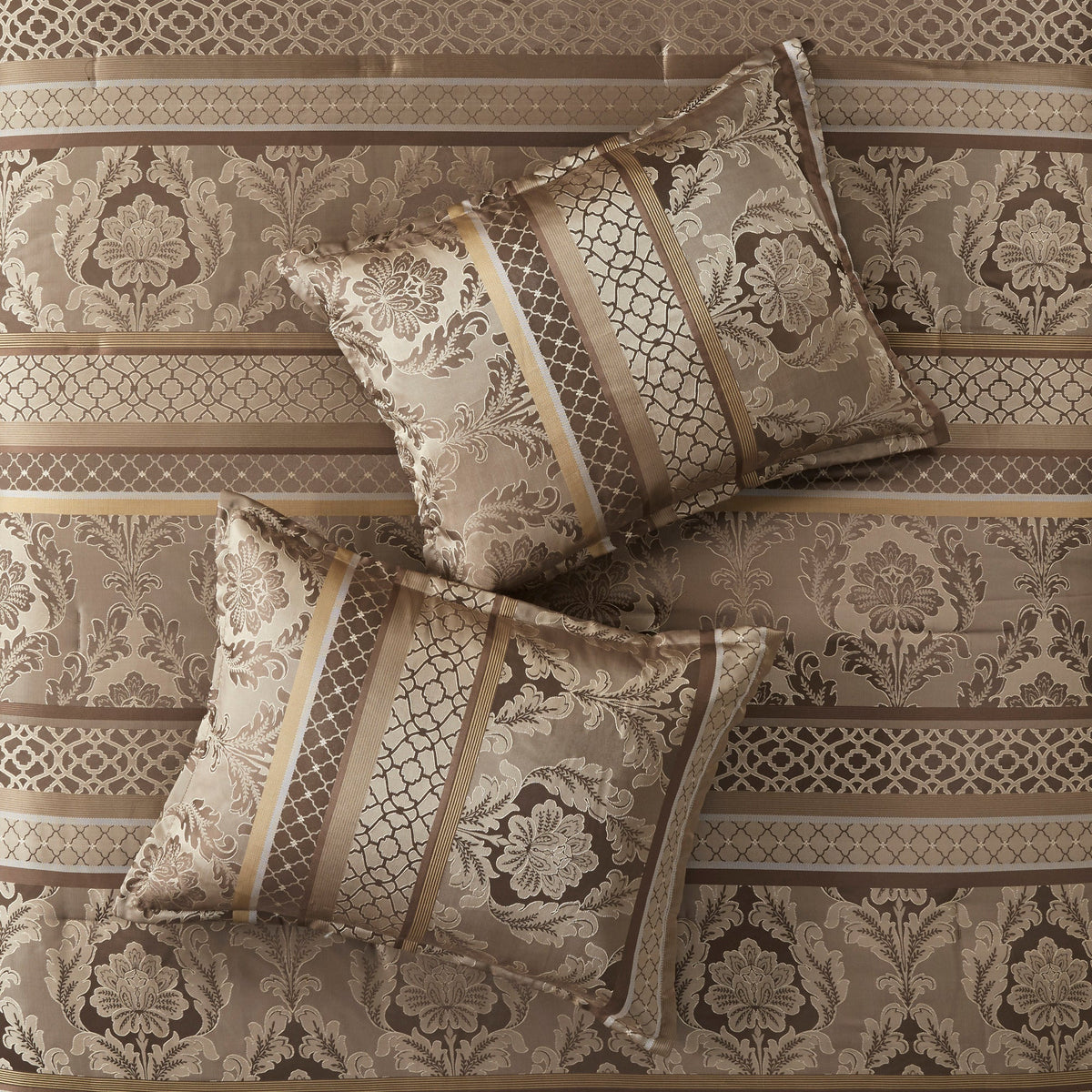 7 Piece Jacquard Comforter Set with Decorative Pillows - Brown & Gold California King