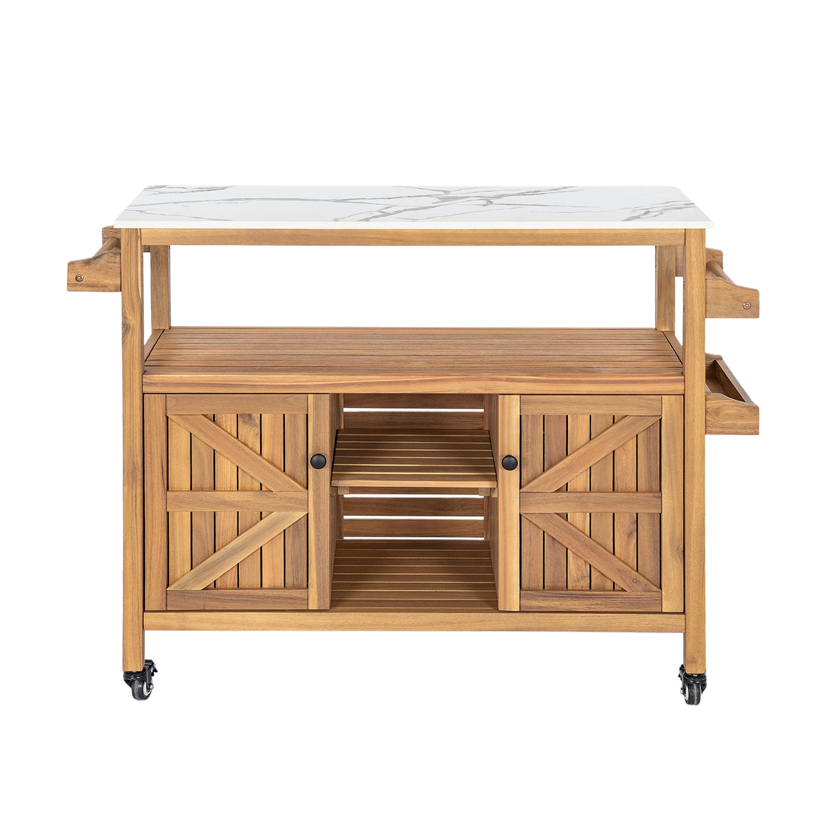 Outdoor Patio Acacia Wood Bar Cart with Marble-Effect Aluminum Top - Natural