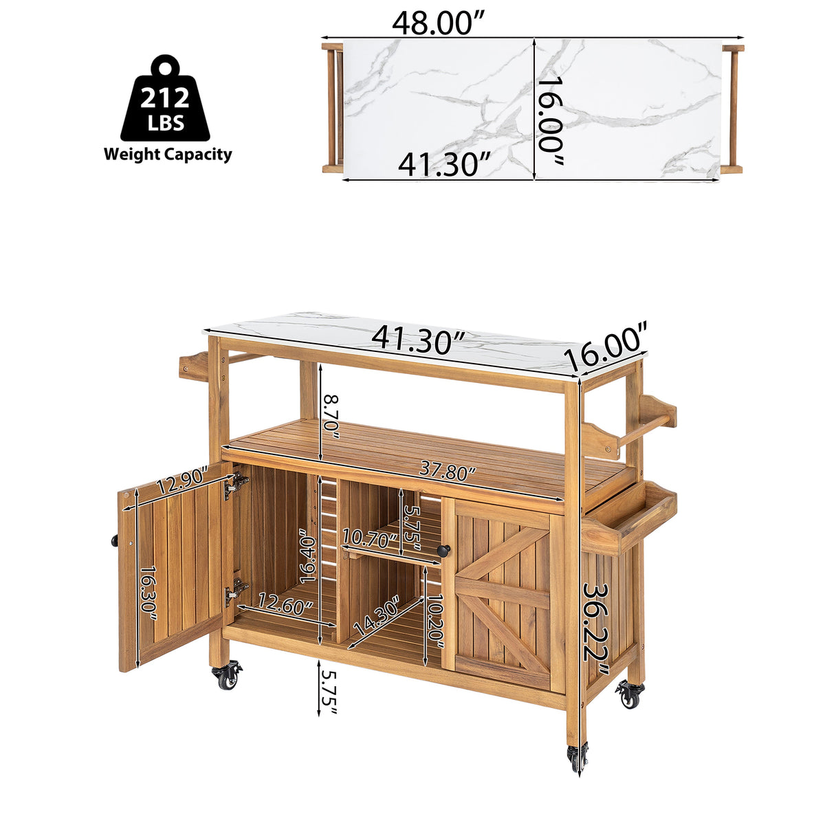 Outdoor Patio Acacia Wood Bar Cart with Marble-Effect Aluminum Top - Natural