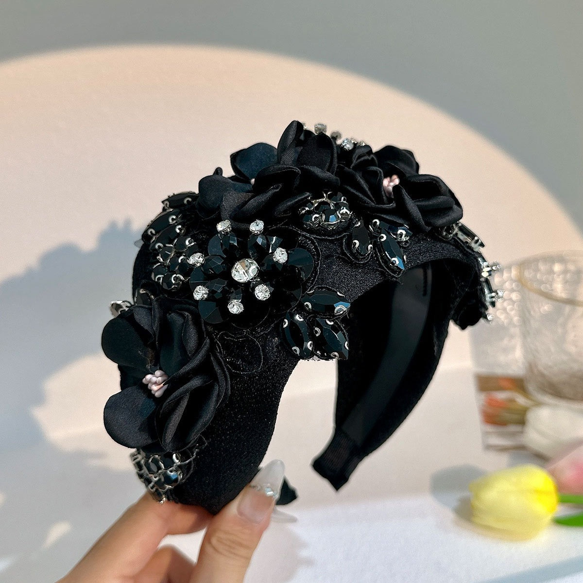 Solid color fabric flower oversized wide edged crystal headband