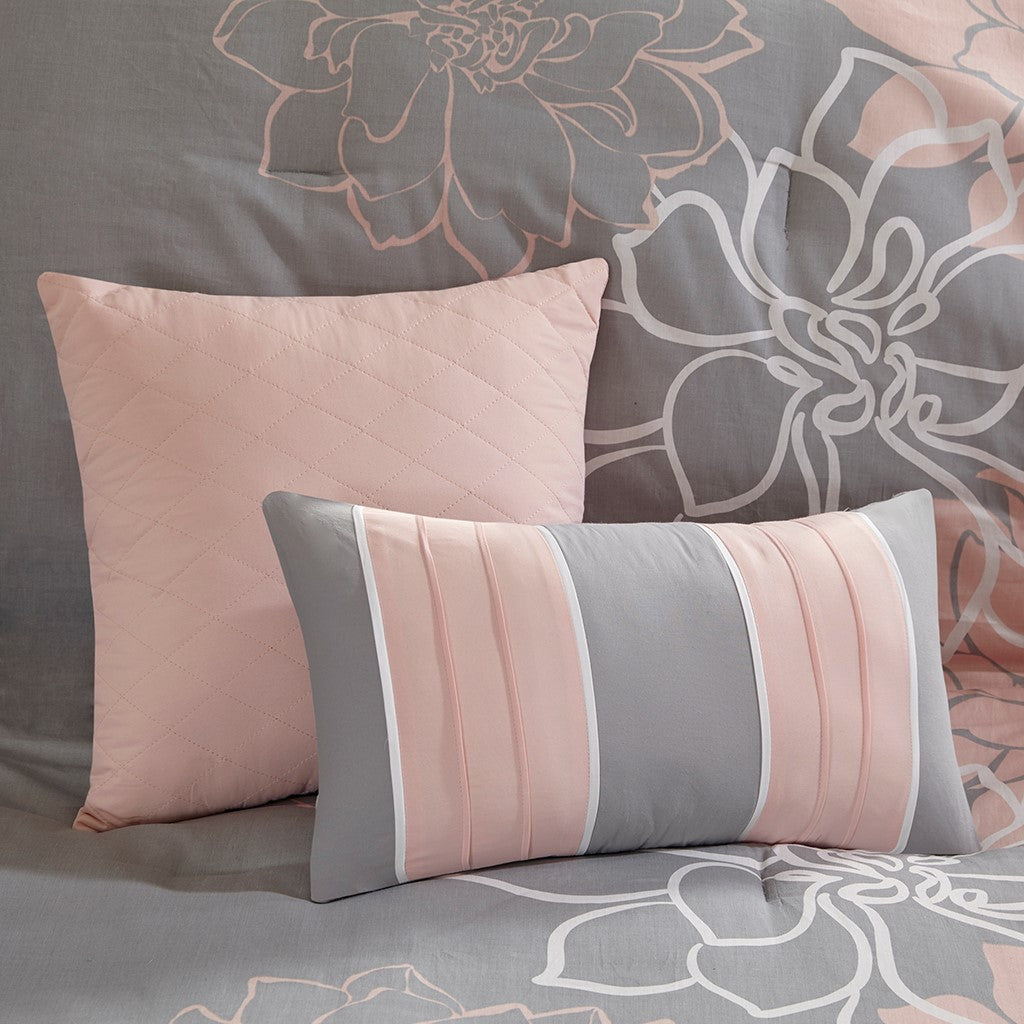 Printed Cotton Sateen Comforter Set - Grey/Peach - Cal King