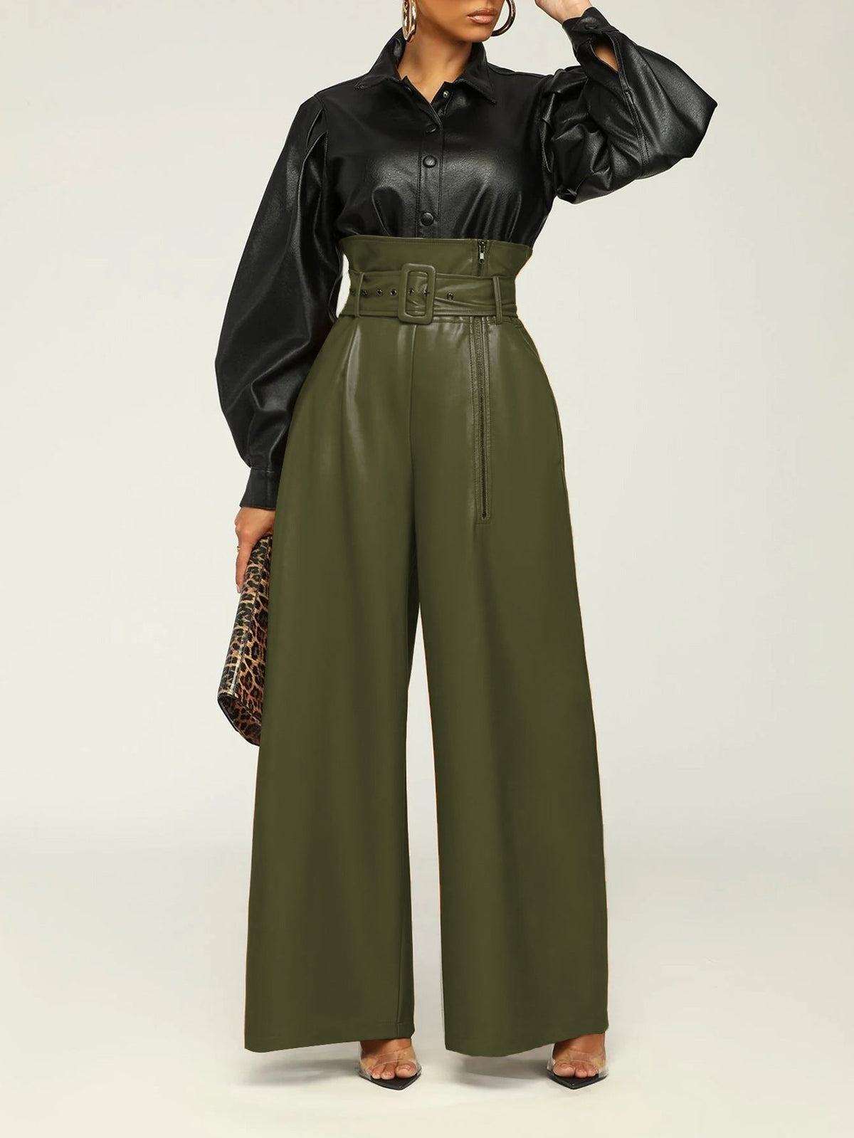 Women's High-Waist PU Leather Wide-Leg Pants