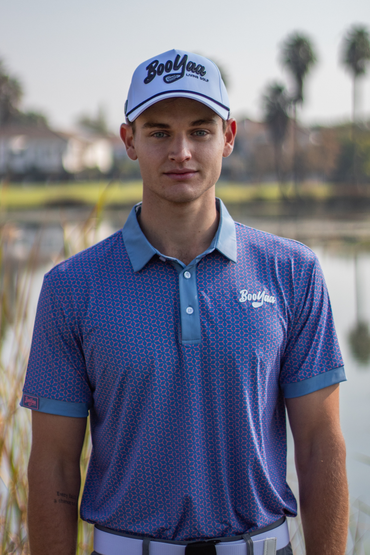 BooYaa Premium Men's Golf Polo, Fowler Pink and Blue Geometric Print, 4-Way Stretch
