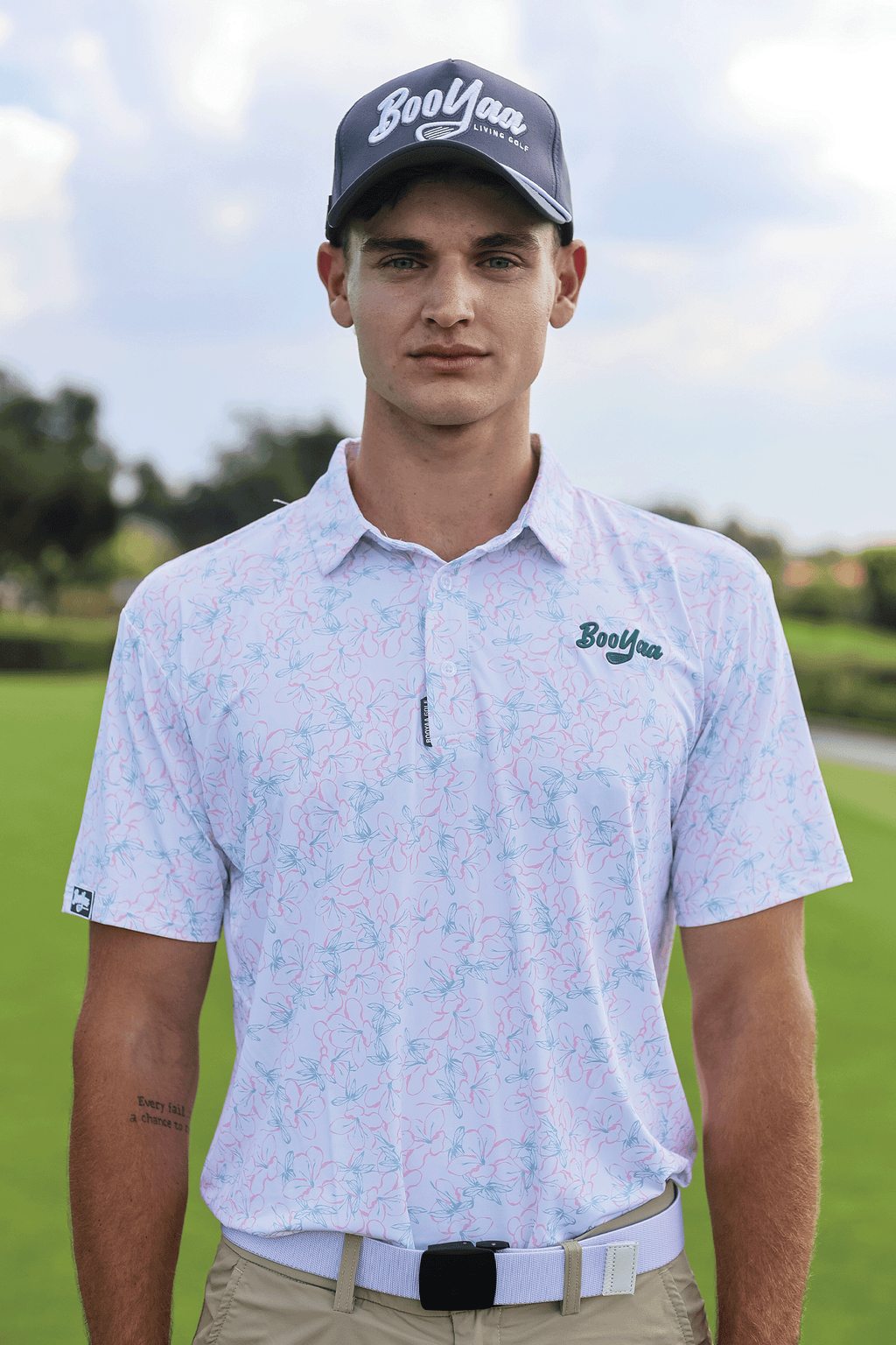 BooYaa Premium Men's Golf Polo, Rosebay White Floral Print, 4-Way Stretch, Moisture-Wicking
