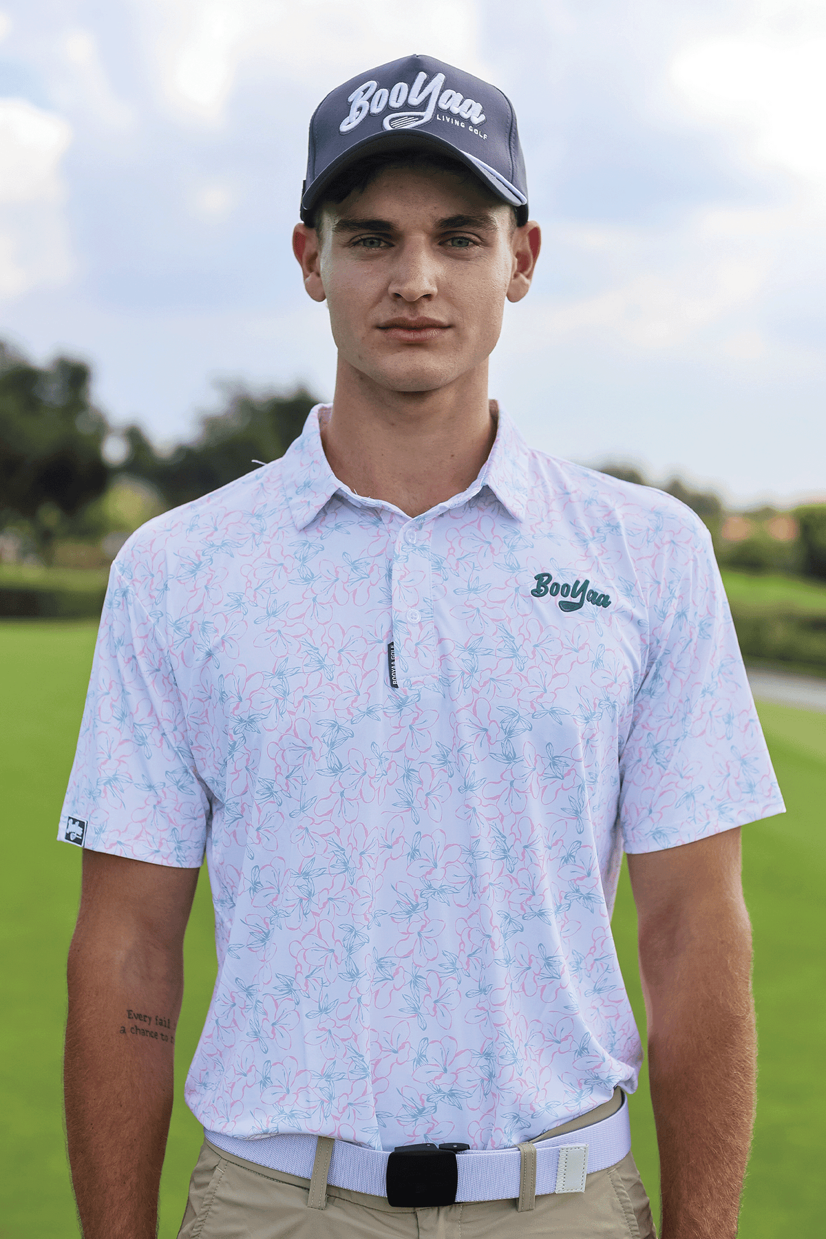 BooYaa Premium Men's Golf Polo, Rosebay White Floral Print, 4-Way Stretch, Moisture-Wicking