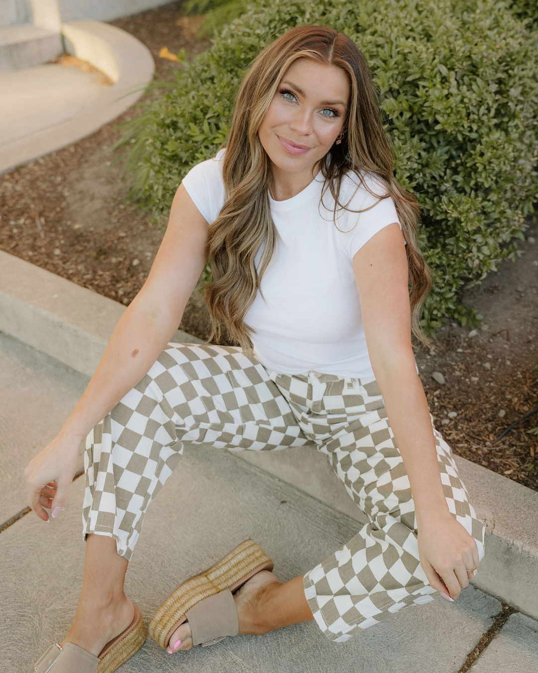 Riley Checkered Print Denim Barrel Pants