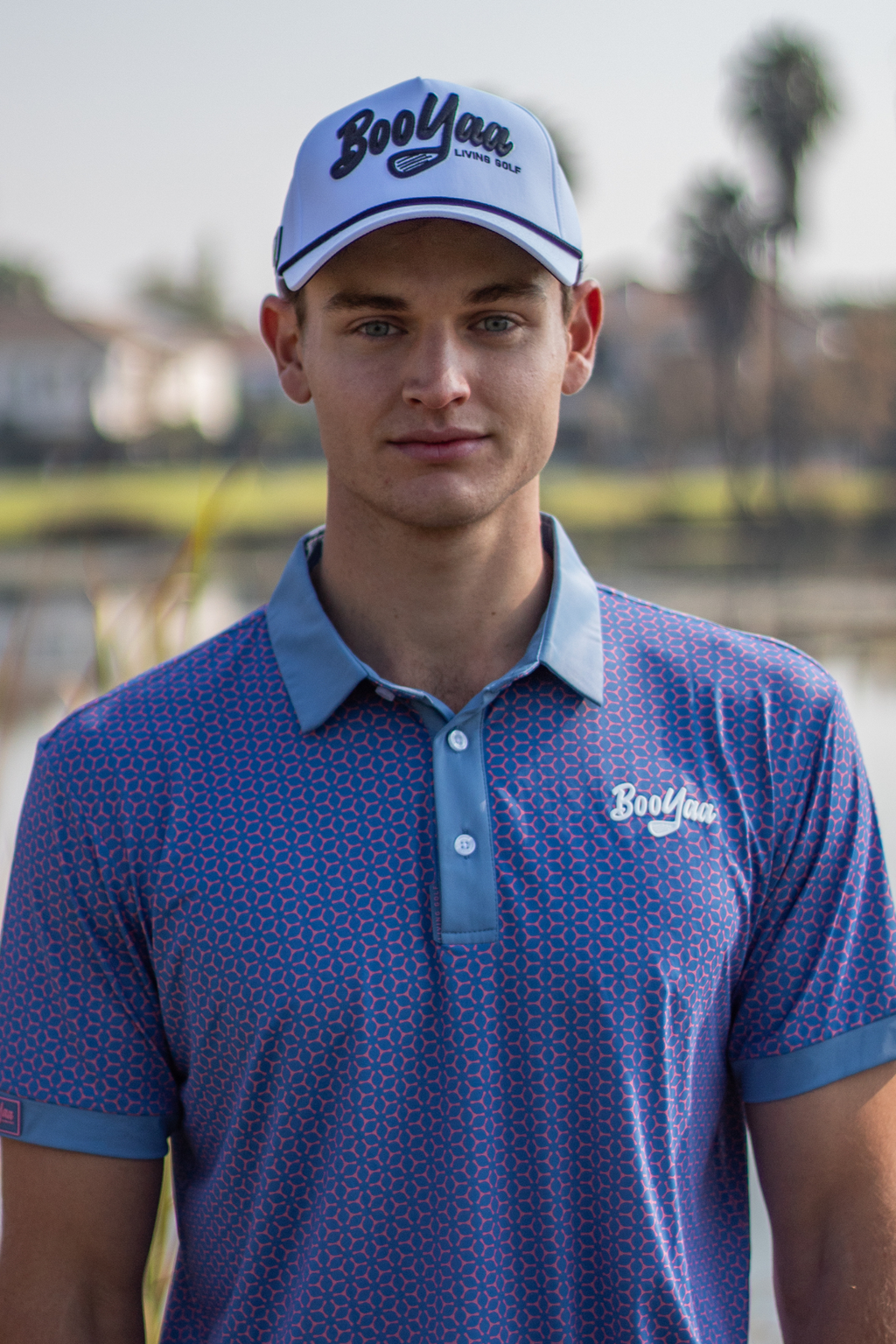 BooYaa Premium Men's Golf Polo, Fowler Pink and Blue Geometric Print, 4-Way Stretch