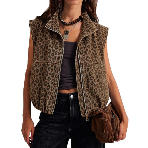 New Womens Zip-up Lapel Sleeveless Denim Vest