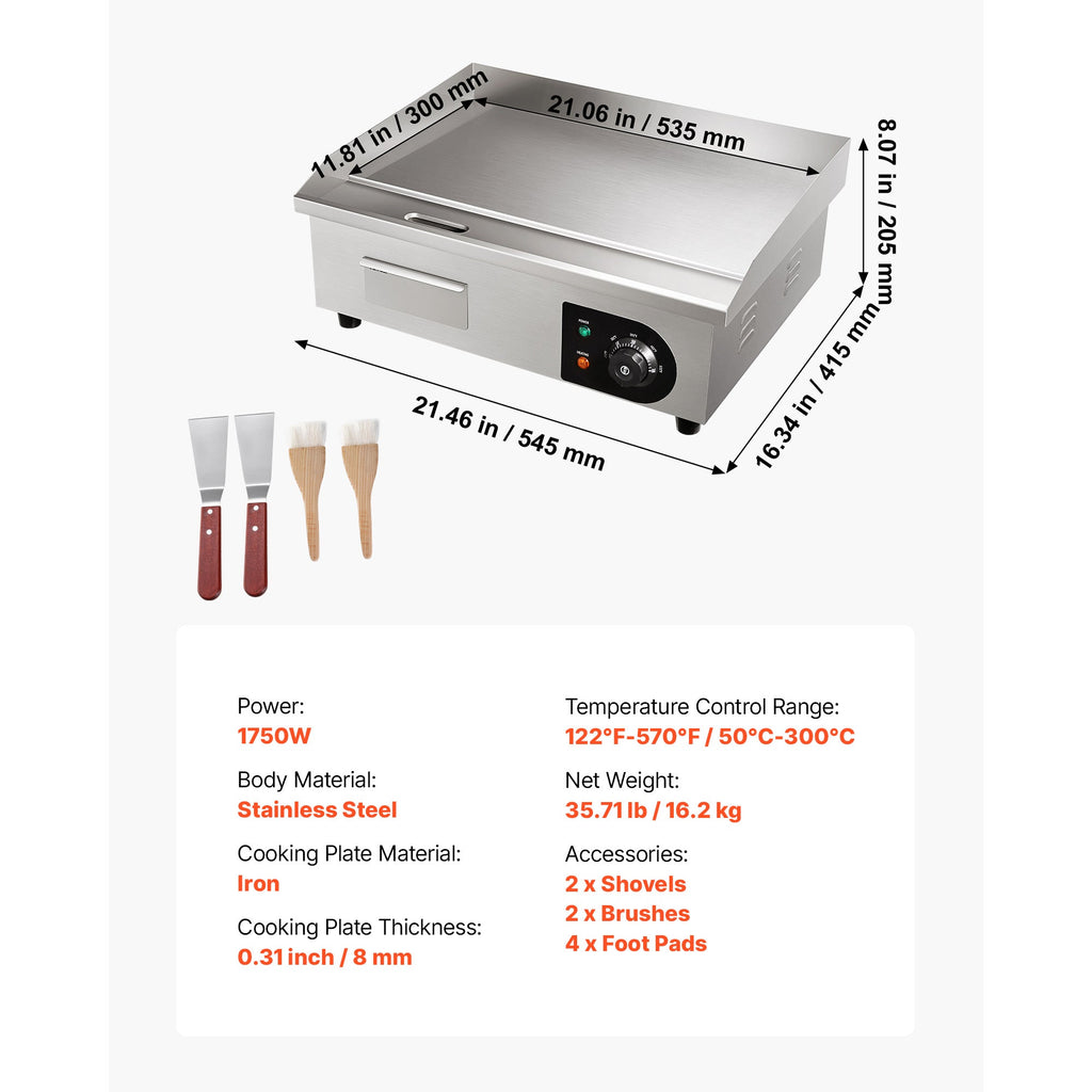 Commercial Electric Griddle with Adjustable Temp Control - Stainless Steel