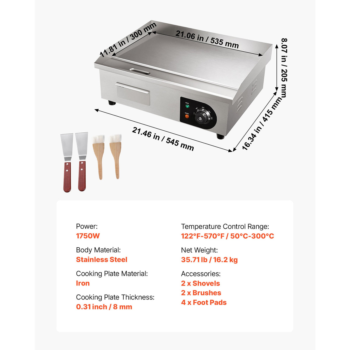 Commercial Electric Griddle with Adjustable Temp Control - Stainless Steel