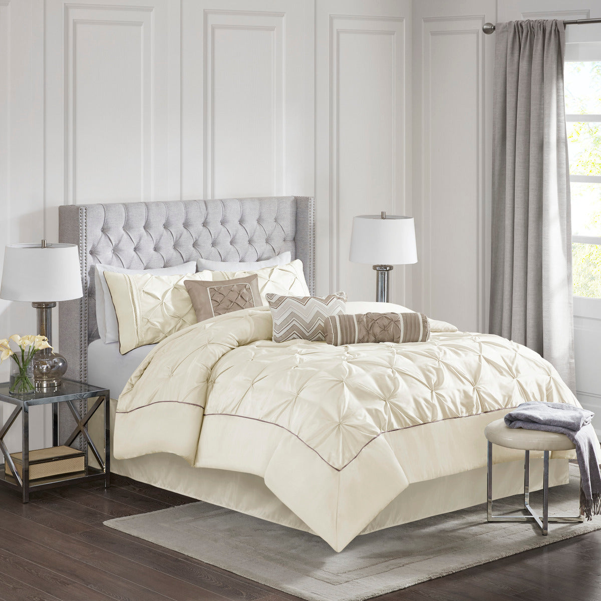 7 Piece Tufted Comforter Set Ivory Queen