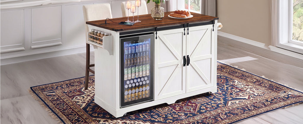 72" Farmhouse Kitchen Island with Fridge Storage and Power Outlets - Imitation Wood Grain