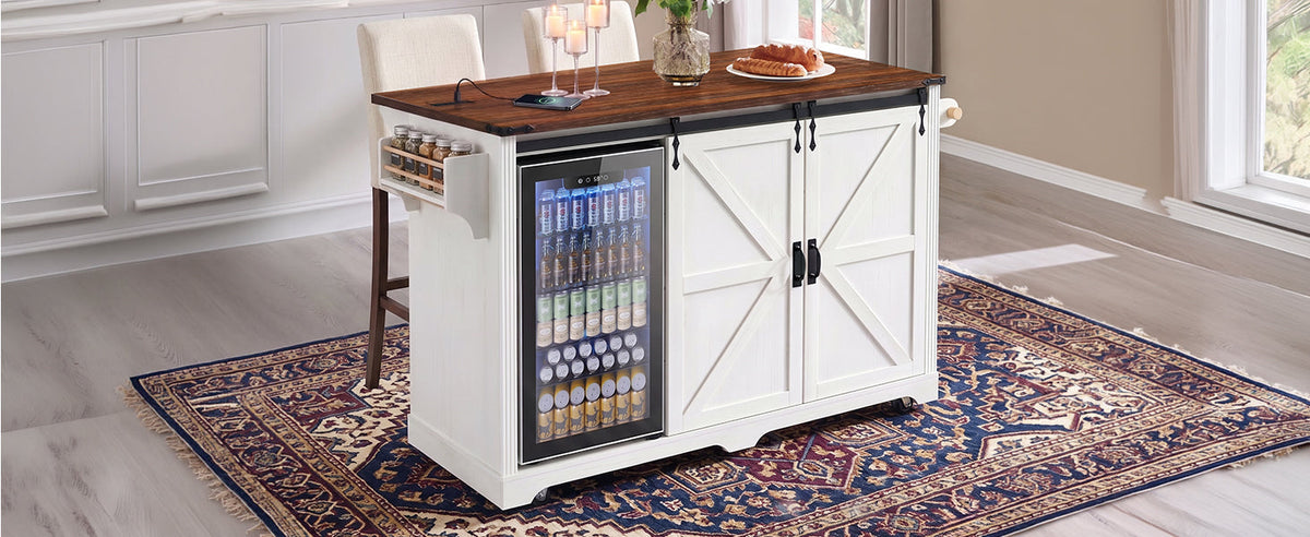 72" Farmhouse Kitchen Island with Fridge Storage and Power Outlets - Imitation Wood Grain