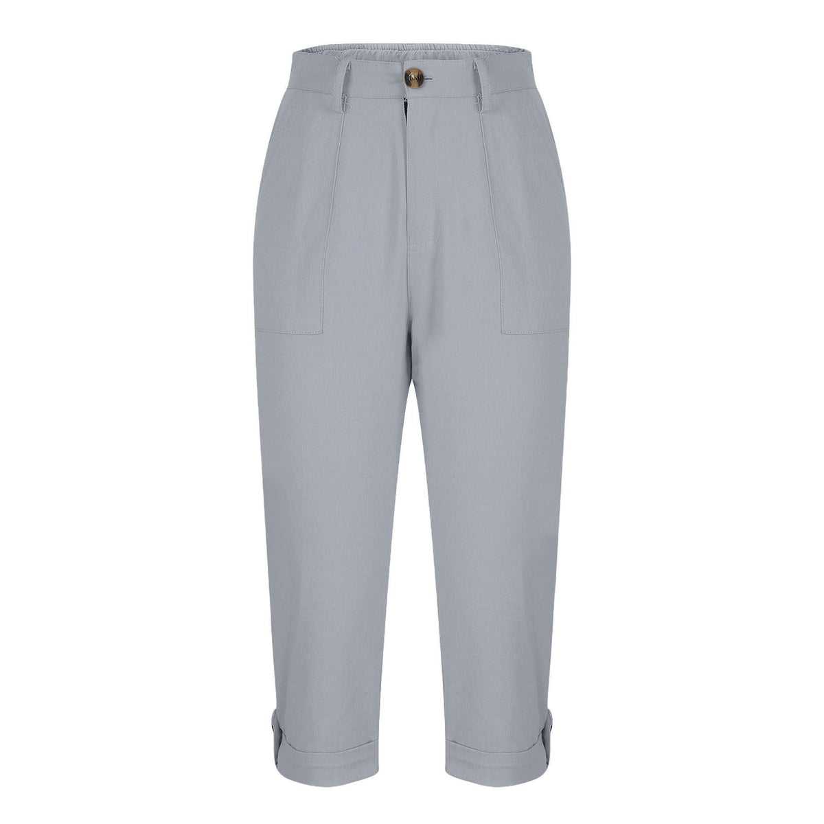 Cross-border Women's Solid Color Workwear Pants Waist Button Pants Ear Design Pants Leg Curled Women's Cropped Pants