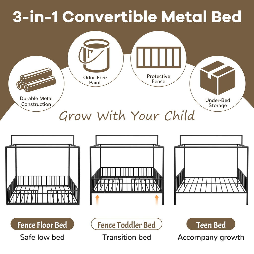 3 In 1 Convertible Montessori Floor Bed With Fenced Support