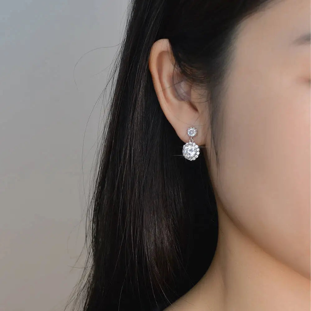 Moissanite Halo Drop Earrings in 925 Sterling Silver
