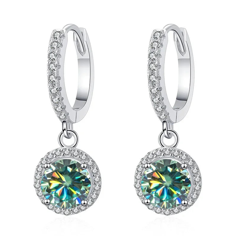 Colored Halo Moissanite Hoop Drop Earrings, 1 ct Each