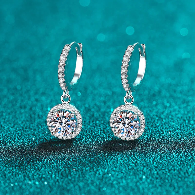 Colored Halo Moissanite Hoop Drop Earrings, 1 ct Each