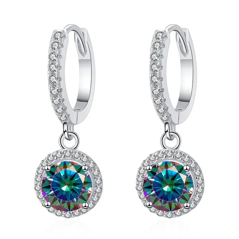 Colored Halo Moissanite Hoop Drop Earrings, 1 ct Each