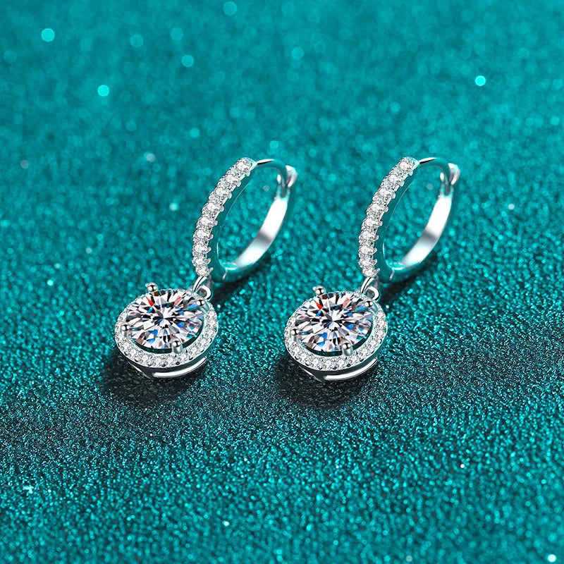 Colored Halo Moissanite Hoop Drop Earrings, 1 ct Each