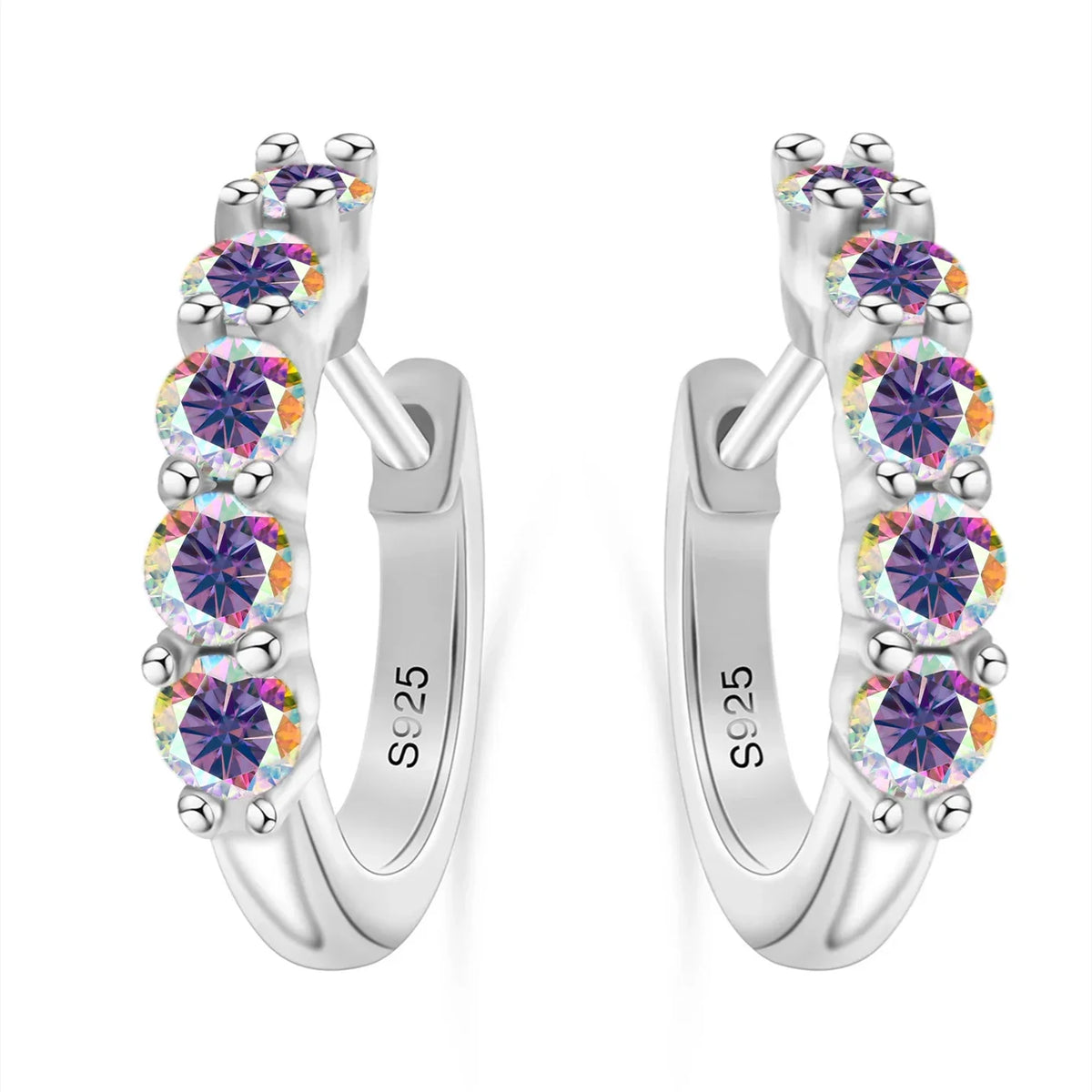 Colorful Five-Stone Moissanite Hoop Earrings in Sterling Silver