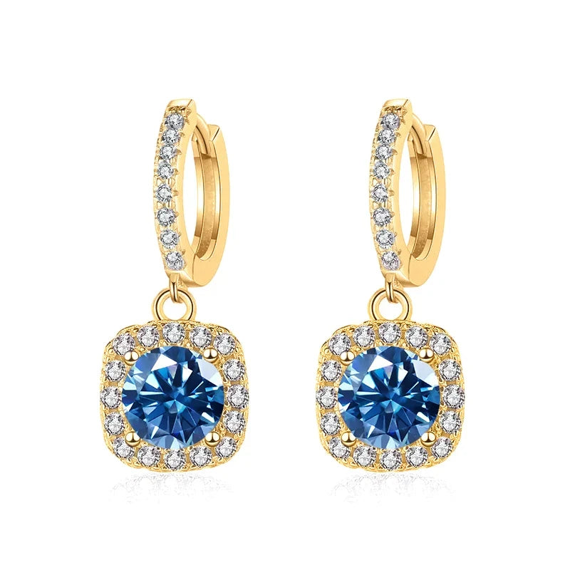 Colored Moissanite Cushion Halo Drop Hoop Earrings
