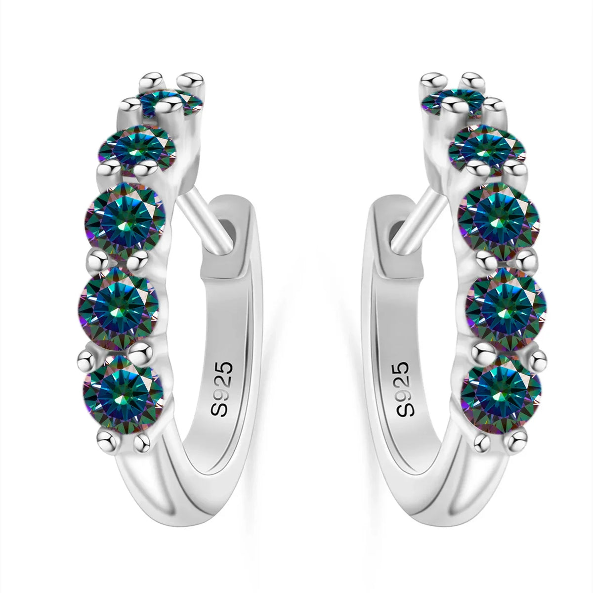 Colorful Five-Stone Moissanite Hoop Earrings in Sterling Silver