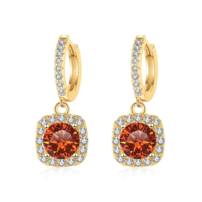 Colored Moissanite Cushion Halo Drop Hoop Earrings