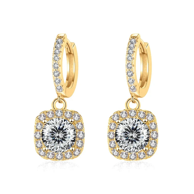 Colored Moissanite Cushion Halo Drop Hoop Earrings