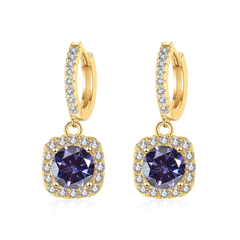 Colored Moissanite Cushion Halo Drop Hoop Earrings