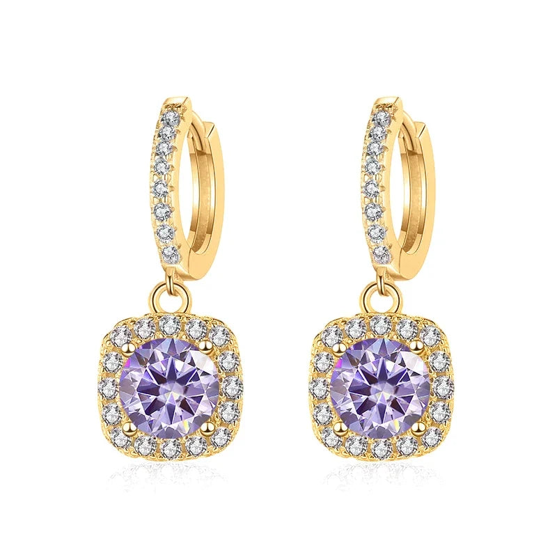 Colored Moissanite Cushion Halo Drop Hoop Earrings