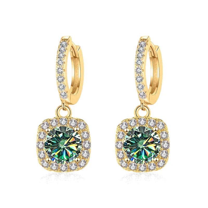 Colored Moissanite Cushion Halo Drop Hoop Earrings