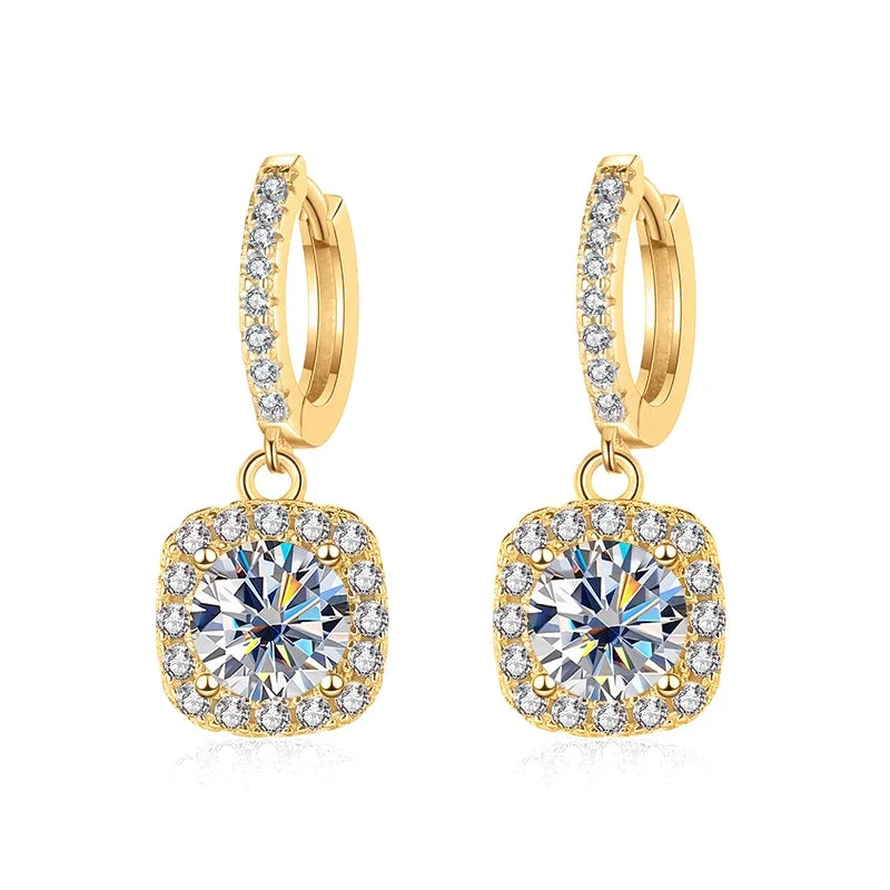 Colored Moissanite Cushion Halo Drop Hoop Earrings