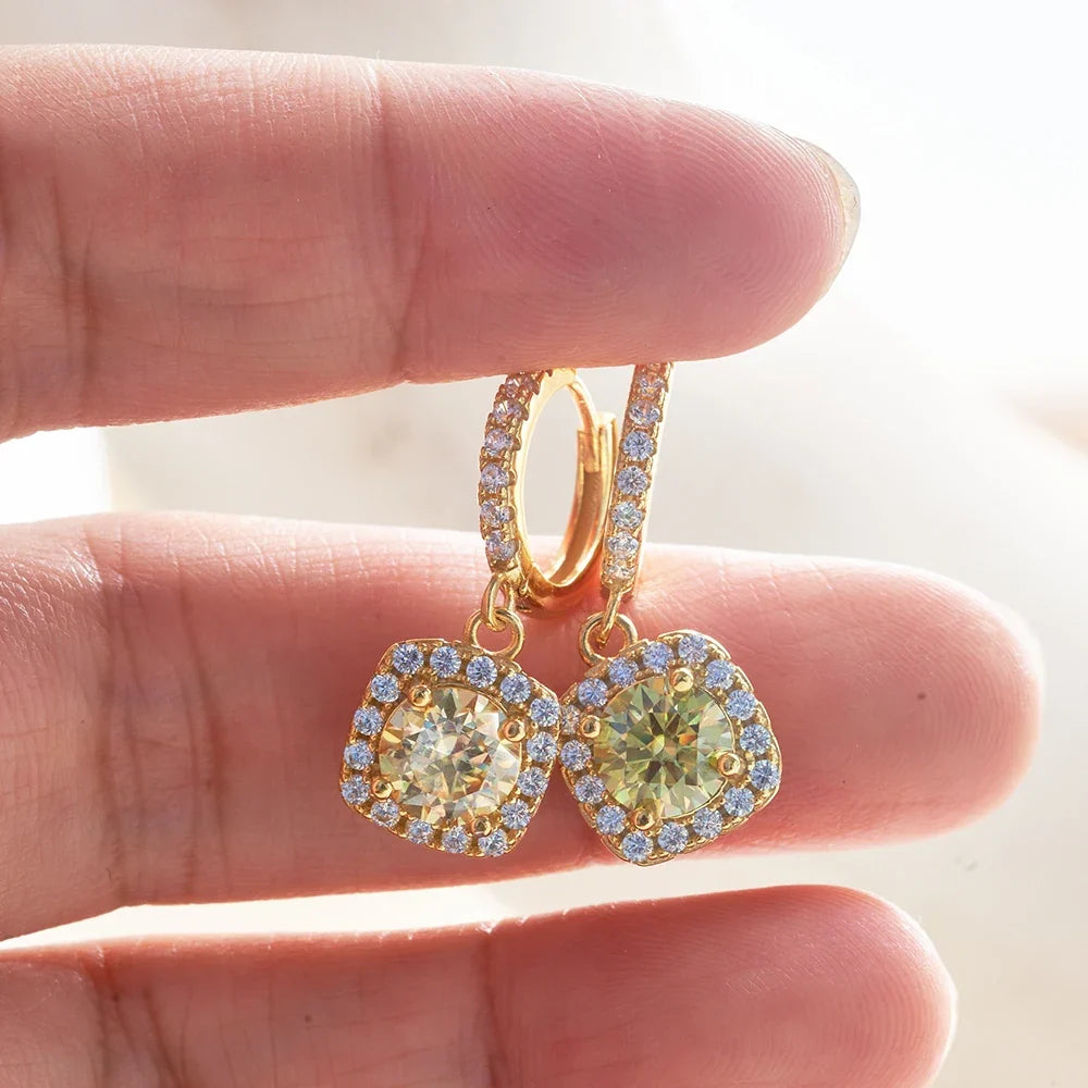 Colored Moissanite Cushion Halo Drop Hoop Earrings