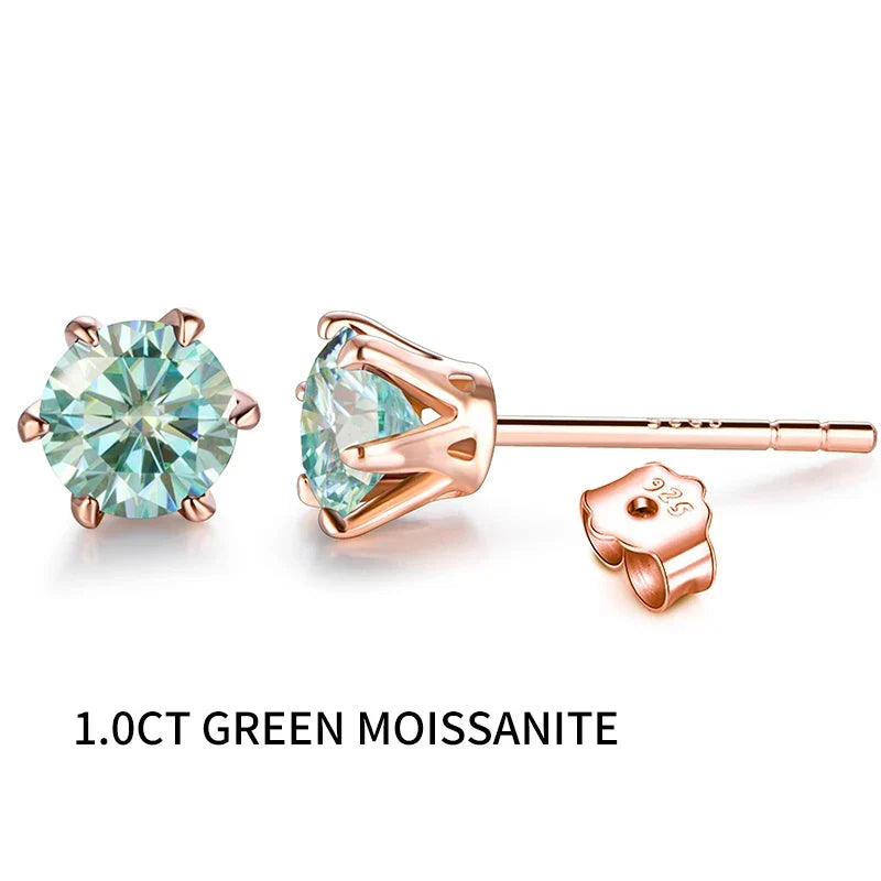 Colorful Moissanite Solitaire Stud Earrings in Rose Gold-Tone Silver