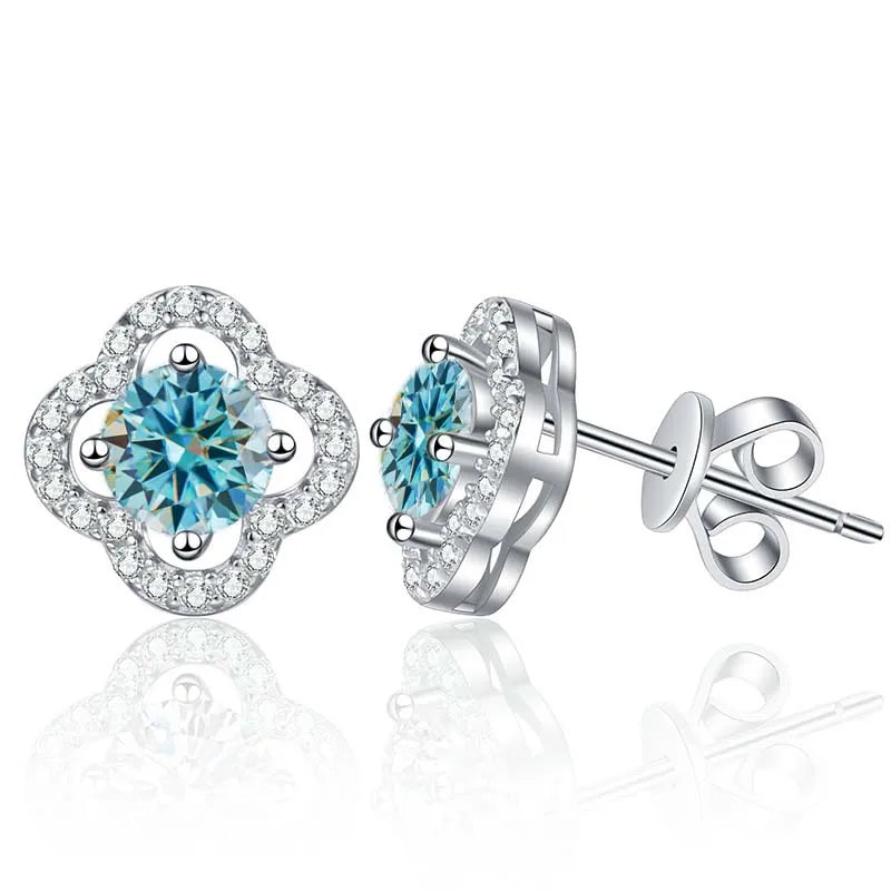 Colored Clover Halo Moissanite Stud Earrings in Sterling Silver