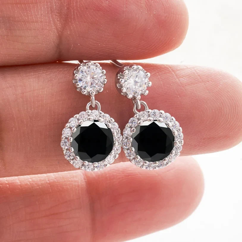 Colored Round Halo Moissanite Drop Earrings in Silver