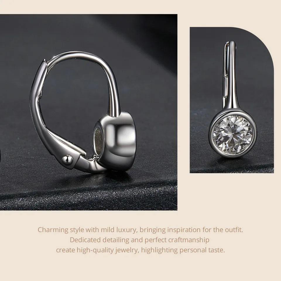 Round Bezel Moissanite Leverback Earrings in Silver