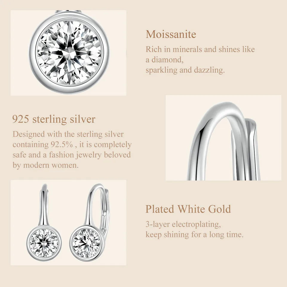 Round Bezel Moissanite Leverback Earrings in Silver